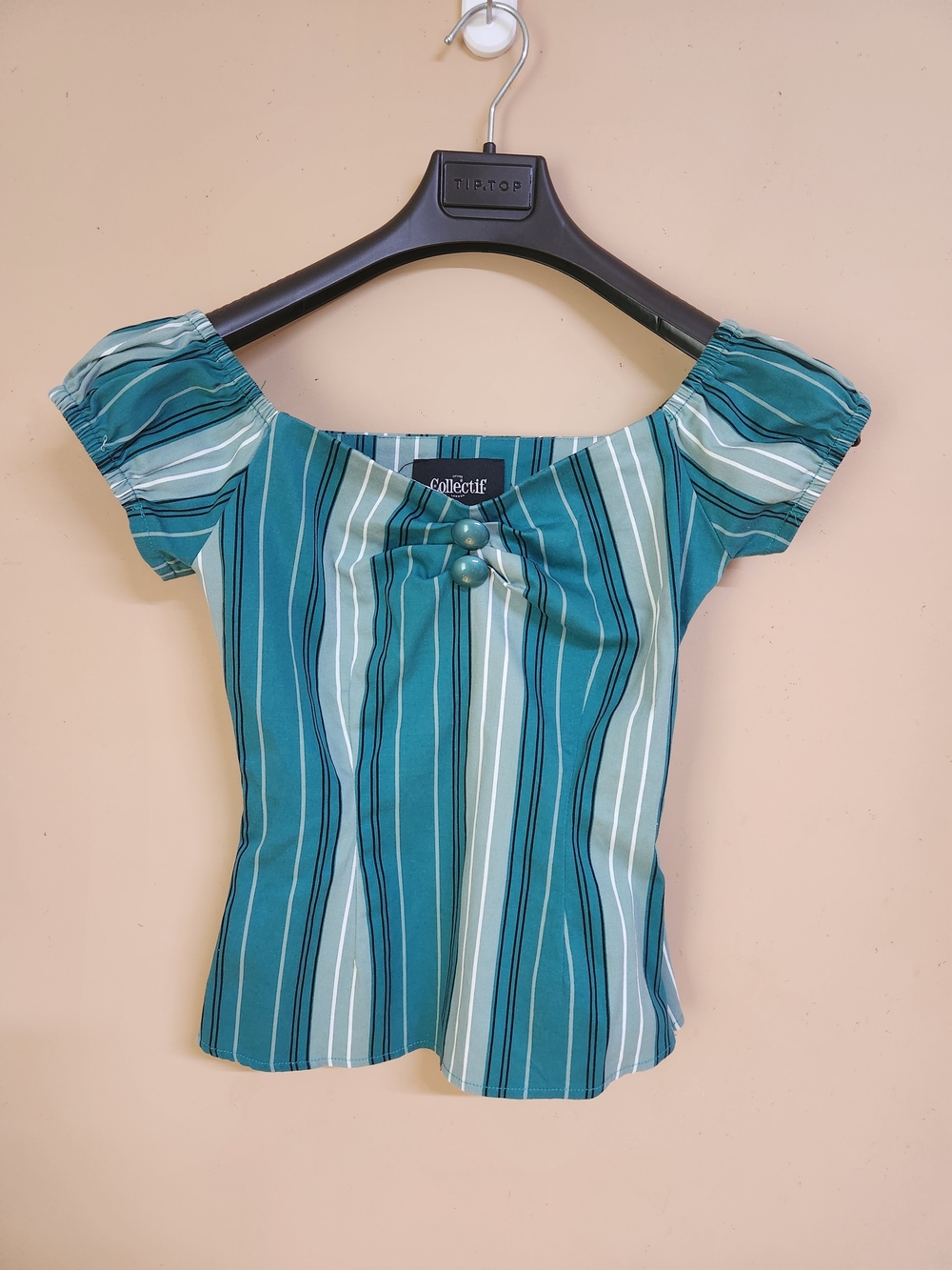 Collectif Teal and White Striped Puff Sleeve Blouse